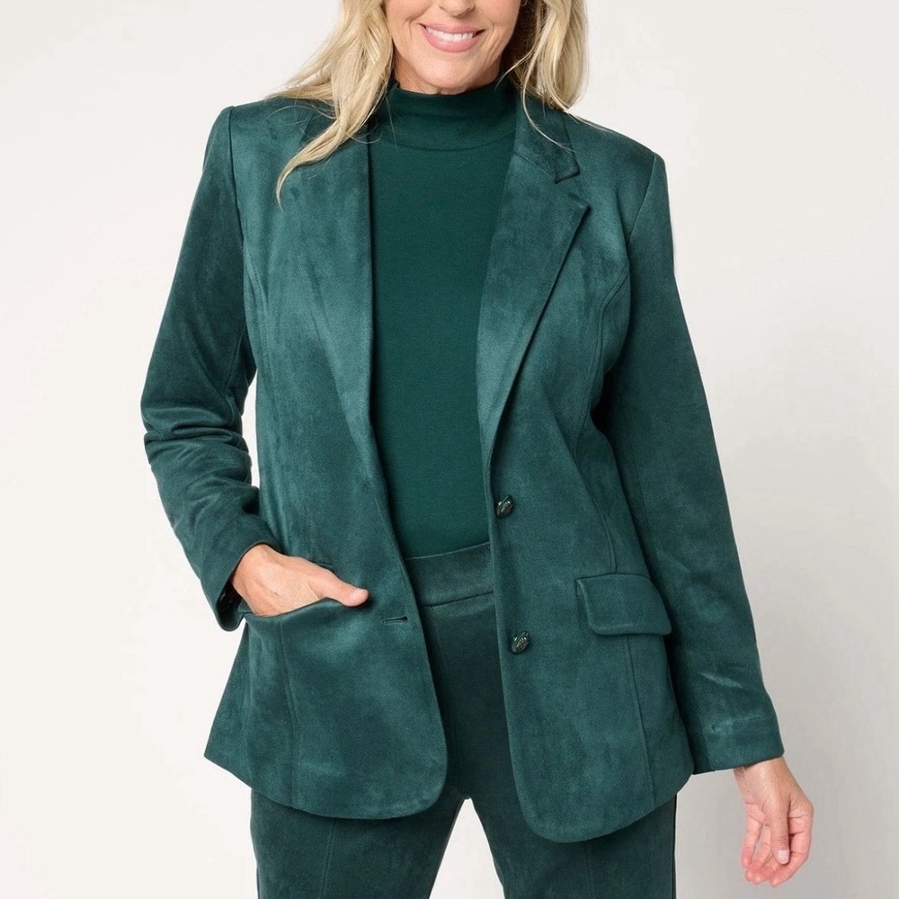 Isaac Mizrahi Live Blazer Women 3XP Green Long Sleeve Jacket Velour Suede NWOT